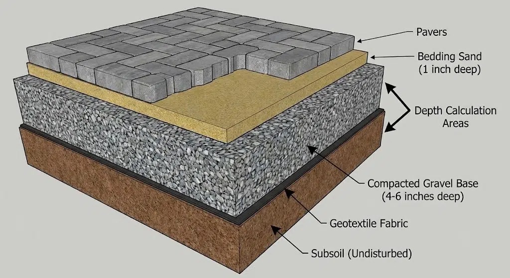 Cross-section of a paver patio showing pavers, 1-inch bedding sand, 4-6 inch compacted gravel base, geotextile fabric, and undisturbed subsoil